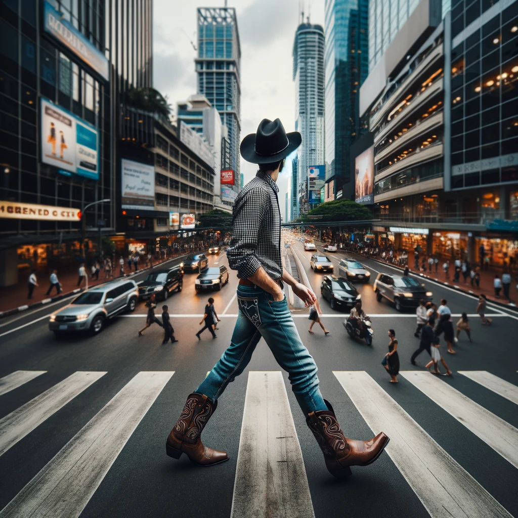 Uma fotografia aérea de uma metrópole pulsante, com um detalhe focado: uma pessoa atravessando a rua vestida elegantemente com um toque country – uma camisa xadrez Marruá Torn,