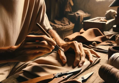 Uma fotografia que capta um artesão da Marruá Torn em ação, focando em suas mãos enquanto trabalham em uma peça de roupa. A imagem deve destacar a atenção aos detalhes, a concentração e o amor pelo ofício, transmitindo a autenticidade e o compromisso com a qualidade que define a marca.