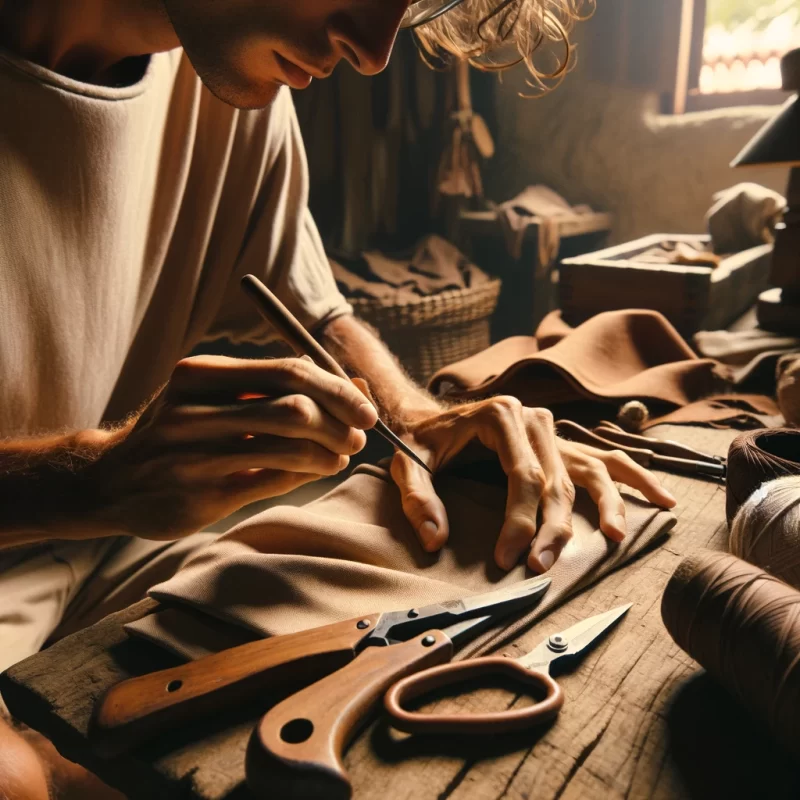 Uma fotografia que capta um artesão da Marruá Torn em ação, focando em suas mãos enquanto trabalham em uma peça de roupa. A imagem deve destacar a atenção aos detalhes, a concentração e o amor pelo ofício, transmitindo a autenticidade e o compromisso com a qualidade que define a marca.