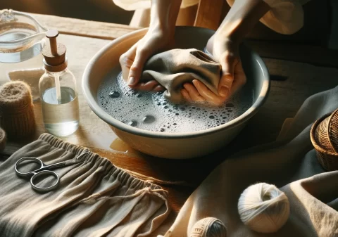 ma cena serena de alguém lavando delicadamente uma peça de roupa Marruá Torn à mão, em uma bacia com água, cercado por produtos de limpeza naturais. Este cenário destacaria a importância do cuidado adequado com as roupas para prolongar sua vida útil, transmitindo uma mensagem de sustentabilidade e amor pelas posses, com ênfase em métodos de limpeza suaves e eco-friendly.