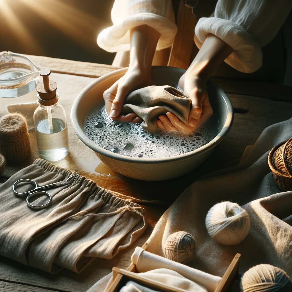 ma cena serena de alguém lavando delicadamente uma peça de roupa Marruá Torn à mão, em uma bacia com água, cercado por produtos de limpeza naturais. Este cenário destacaria a importância do cuidado adequado com as roupas para prolongar sua vida útil, transmitindo uma mensagem de sustentabilidade e amor pelas posses, com ênfase em métodos de limpeza suaves e eco-friendly.