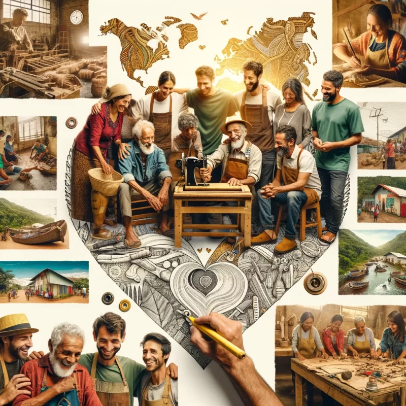 Uma fotografia que capture o espírito de comunidade e colaboração, talvez mostrando artesãos locais trabalhando em conjunto com a equipe da Marruá Torn, ou imagens de projetos comunitários apoiados pela marca. A imagem deve transmitir a mensagem de união, apoio e impacto positivo, ressaltando o compromisso da Marruá Torn com o fortalecimento das comunidades locais.