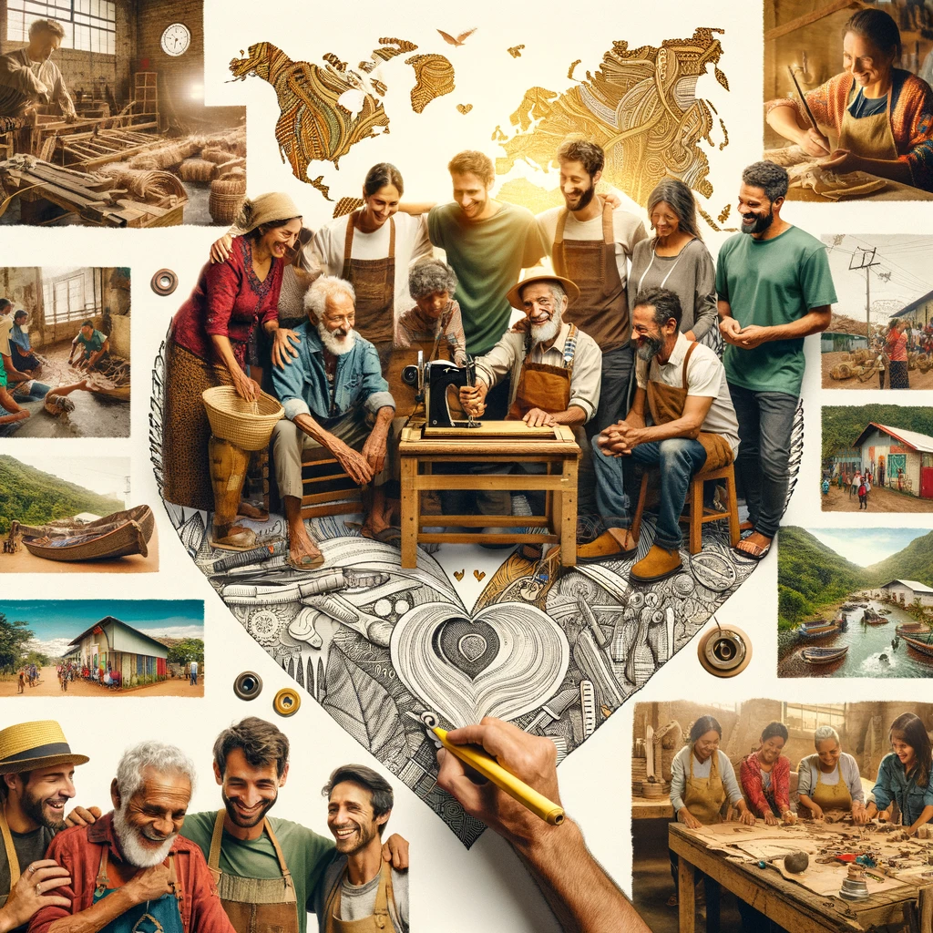 Uma fotografia que capture o espírito de comunidade e colaboração, talvez mostrando artesãos locais trabalhando em conjunto com a equipe da Marruá Torn, ou imagens de projetos comunitários apoiados pela marca. A imagem deve transmitir a mensagem de união, apoio e impacto positivo, ressaltando o compromisso da Marruá Torn com o fortalecimento das comunidades locais.