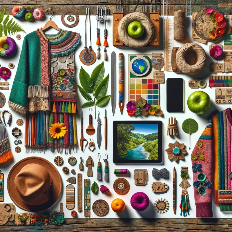 Uma composição que apresenta as tendências de moda campeira de 2024, destacando peças com cores vibrantes, acessórios artesanais, e um cenário que une o rústico ao contemporâneo. A imagem deve transmitir uma sensação de renovação e conexão com a natureza, refletindo o equilíbrio entre tradição e inovação.