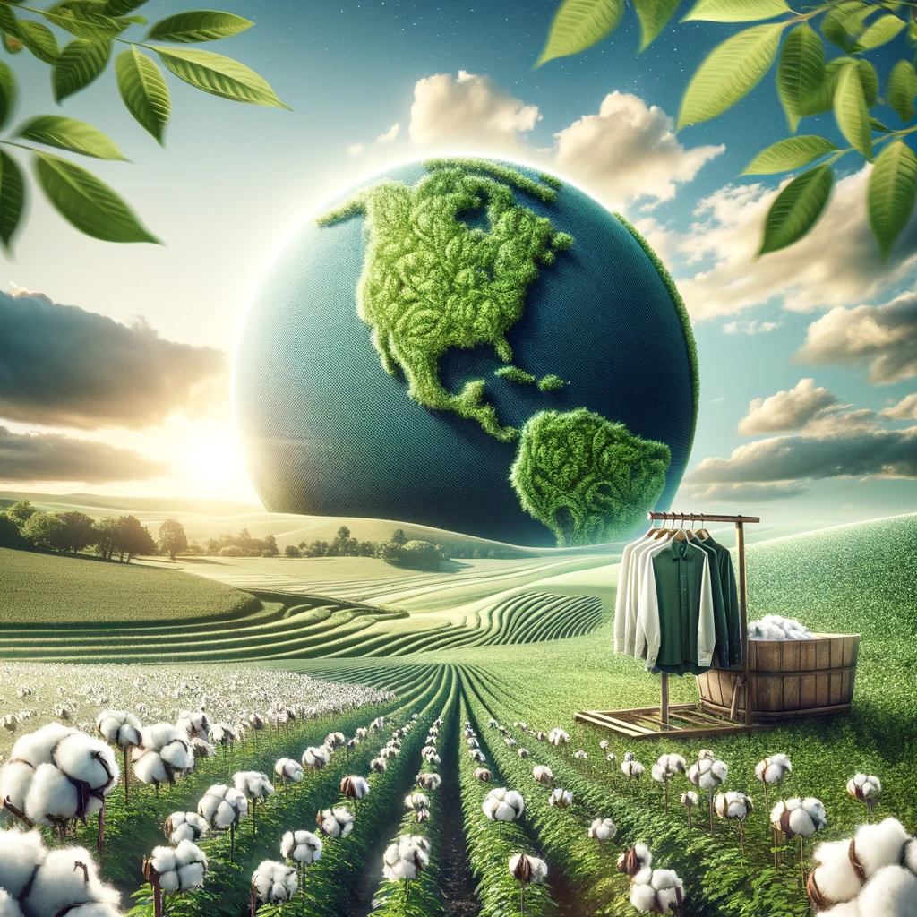 Uma imagem em alta resolução que mostre uma paisagem natural com destaque para algodão orgânico sendo colhido, representando a origem sustentável das roupas, ou uma montagem que inclua peças da coleção da Marruá Torn em um fundo que remeta à natureza e sustentabilidade, como campos verdes ou um céu azul claro.